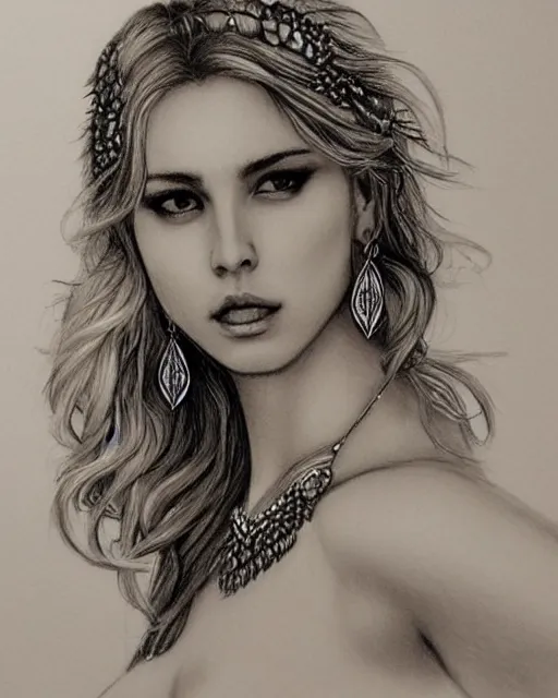 Image similar to pencil drawing of beautiful greek goddess aphrodite with arrowhead earrings and beautiful feather jewelry, beautiful piercing eyes, beautiful blonde hair flying in the wind, hyper realistic face, in the style of greg rutkowski, fantasy, amazing detail, epic, elegant, smooth, sharp focus, from the front