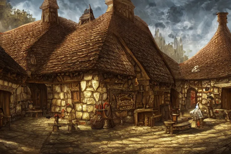 Prompt: A medieval tavern viewed from the outside, texture, intricate, details, highly detailed, masterpiece, architecture, building, trending on artstation, focus, sharp focus, concept art, digital painting, fantasy, sunny, day, midday