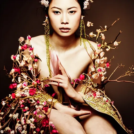 Image similar to photography of the asian queen sitting in the flower thorn, beautiful face, masterpiece costume, jewellery, high quality, elegant, emotionally touching, cool, deep gaze, mystery, tenderness, annie leibowitz style