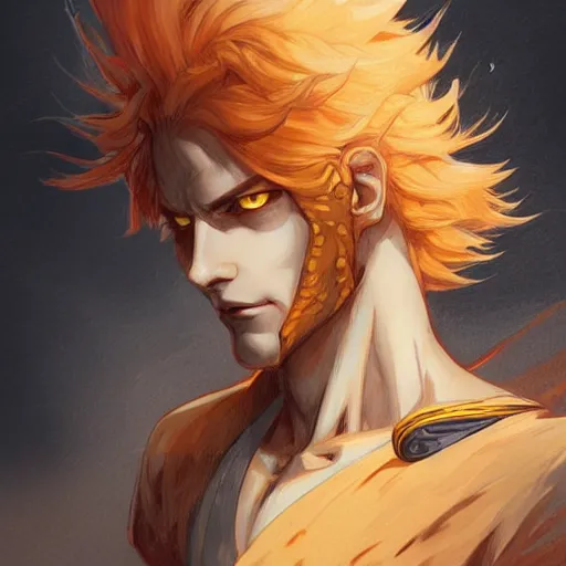 Image similar to portrait of hisoka hunter hunter, male, upper body sharp jaw yellow eyes small eyes red hair, long hair, anime, fantasy, intricate, elegant, highly detailed, digital painting, artstation, concept art, matte, sharp focus, illustration, art by artgerm and greg rutkowski and alphonse mucha