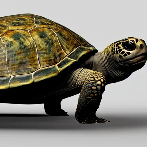 Image similar to Hyperrealistic uncanny valley Turtle in the style of Unreal Engine, hard surface, textured, slimy