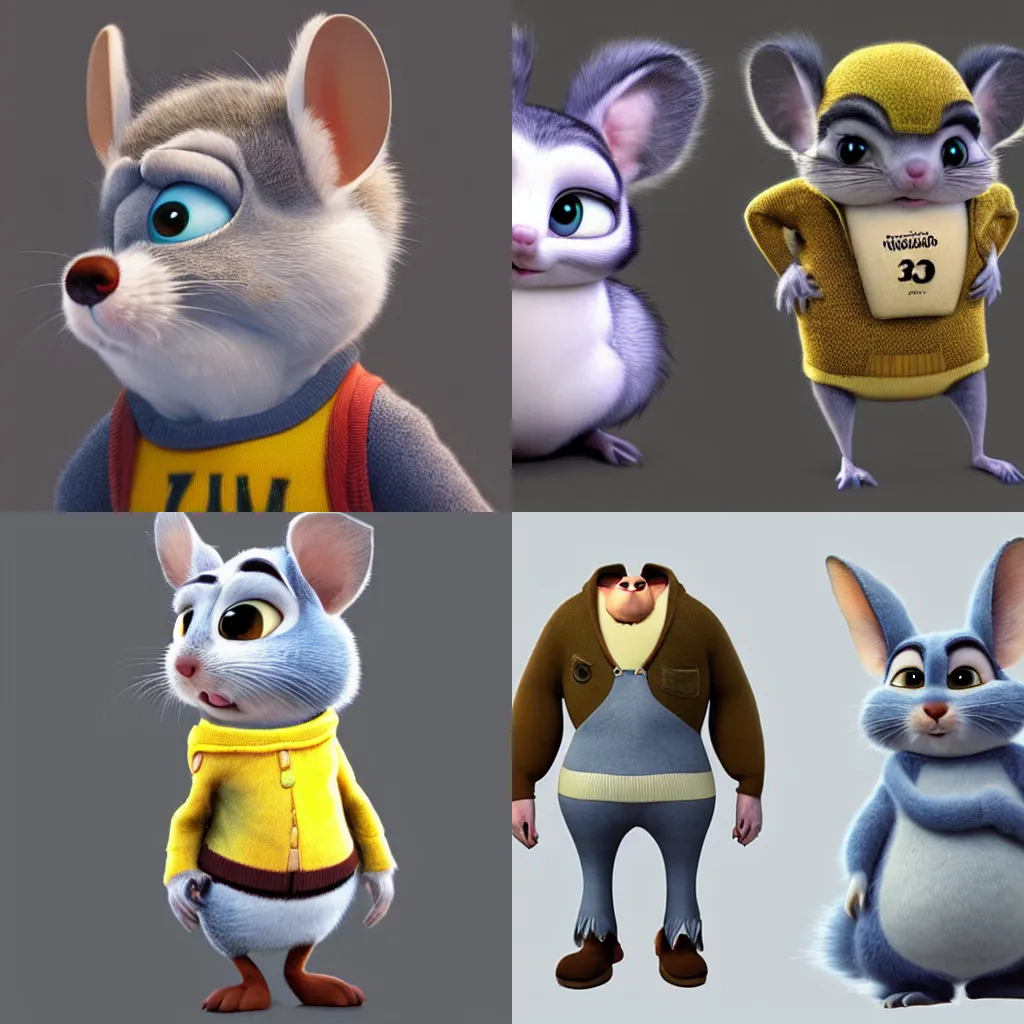 Prompt: anthropomorphic chinchilla, disney pixar Zootopia character concept artwork, 3d concept, detailed fur, chinchilla animal character wearing a sweater,