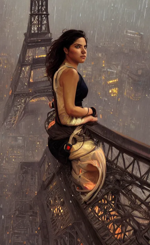 Image similar to Portrait of a latina teen climbing the Eiffel Tower in the rain at night, spy thriller, highly detailed, digital painting, artstation, realistic, concept art, illustration, art by Greg Rutkowski and alphonse mucha