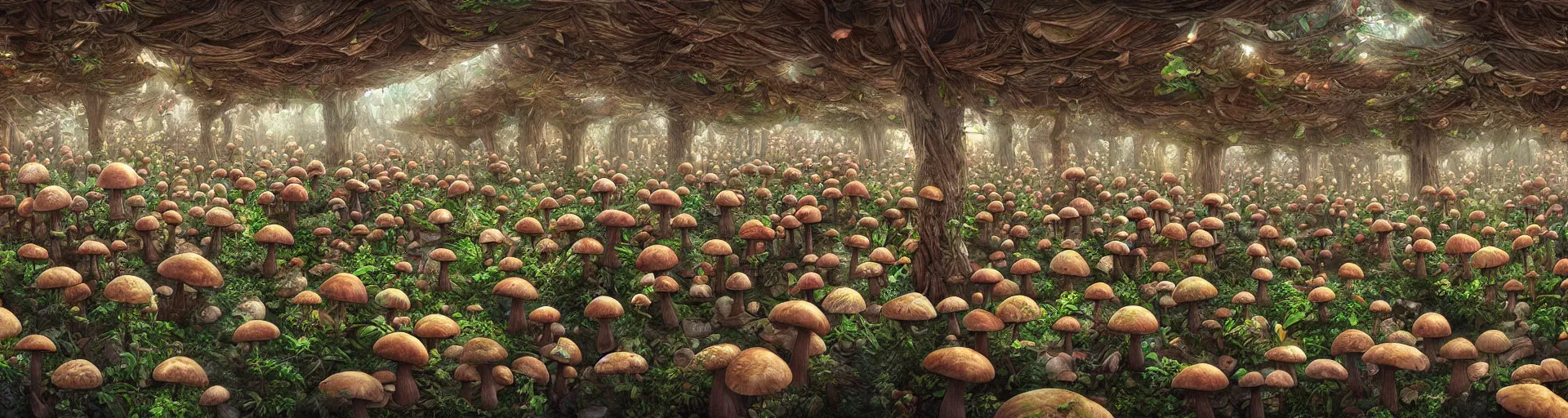 Prompt: Mushroom farm, hyper realistic, photo realism, trending on art station, digital art, maximalist, in the style of Mario Martinez