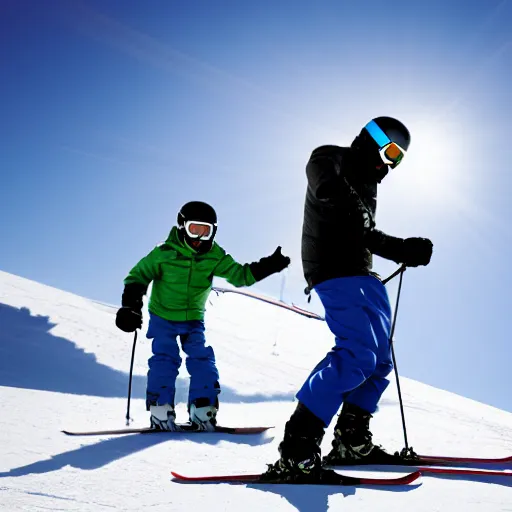 Image similar to a father and son snow skiing, minimalism