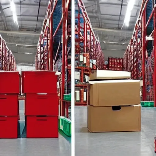 Image similar to two frames of equal size, the first a warehouse full of boxes, the second is the same picture but the boxes are red