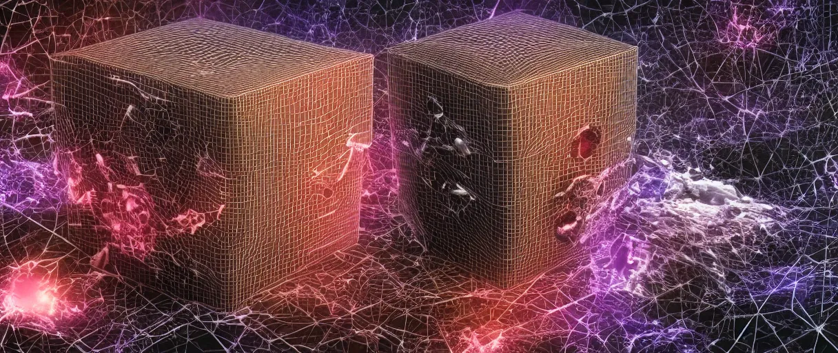 Prompt: 3 d render of schrodinger's cat in a box being dead and alive at the same time, 3 d render with small elements of glitch art, paradox, quantum superposition, waves and particles, wave function, scifi style, concept art, high detail, particles disintegration, artsation 4 k