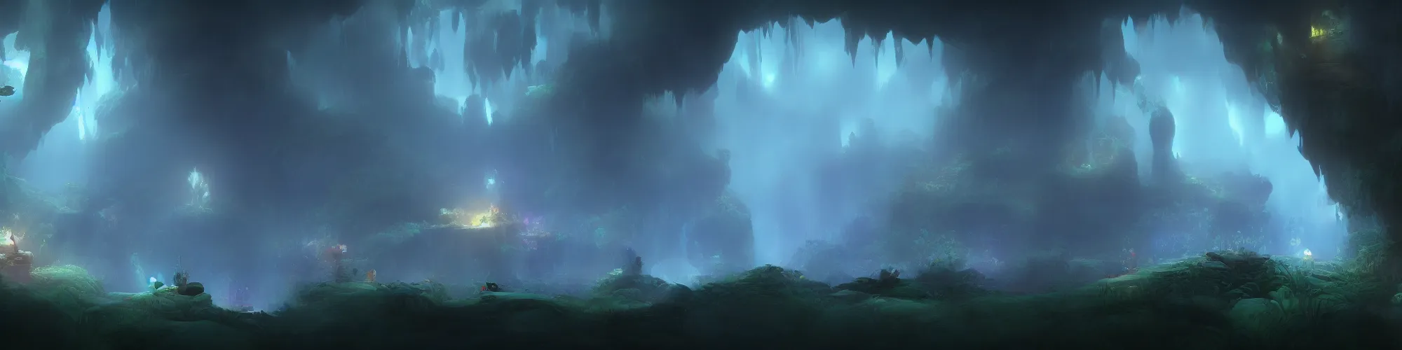 Prompt: huge cave with cinematic lighting in the style of ori and the blind forest, highly detailed, digital art 4k, 8k
