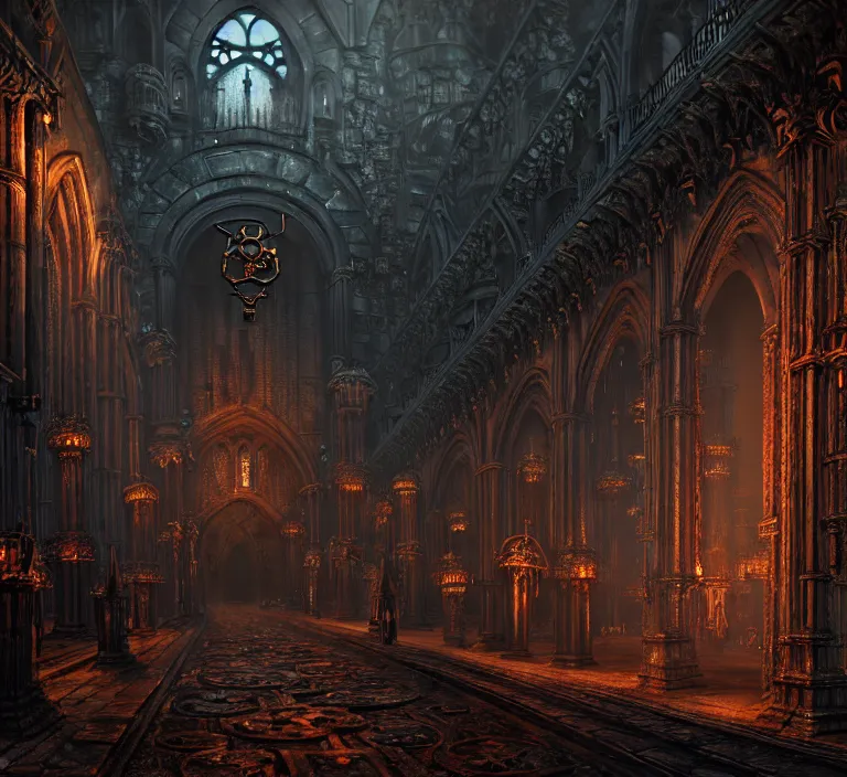 Image similar to steam necropolis, memento mori, gothic, neo - gothic, art nouveau, hyperdetailed copper patina medieval icon, stefan morrell, philippe druillet, ralph mcquarrie, concept art, steampunk, unreal engine, detailed intricate environment, octane render, moody atmospherics, volumetric lighting, ultrasharp, ominous, otherworldly