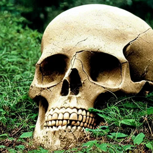 Prompt: Giant skull found at excavation site, press photo