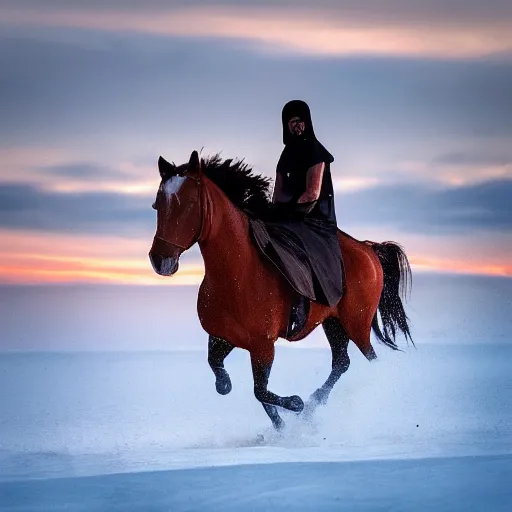 Image similar to ninja riding a horse toward sunset