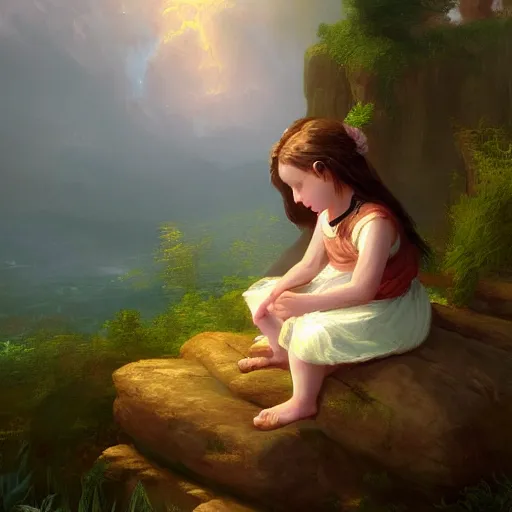 Prompt: a painting of a little girl sitting on a rock, a digital painting by thomas cole, cgsociety, metaphysical painting, 2 d game art, storybook illustration, detailed painting