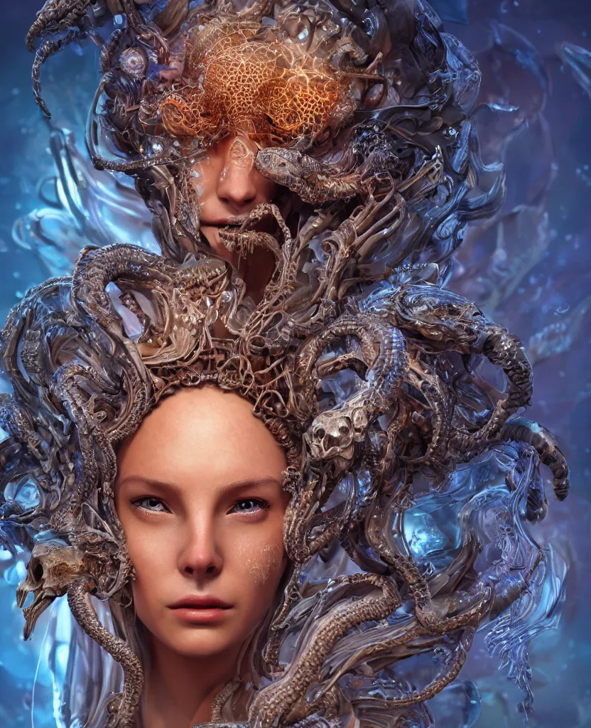 Image similar to close-up macro portrait of the face of a beautiful princess with animal skull mask, epic angle and pose, symmetrical artwork, 3d with depth of field, blurred background, cybernetic jellyfish female face skull phoenix bird, translucent, nautilus, energy flows of water and fire. a highly detailed epic cinematic concept art CG render. made in Maya, Blender and Photoshop, octane render, excellent composition, cinematic dystopian brutalist atmosphere, dynamic dramatic cinematic lighting, aesthetic, very inspirational, arthouse. y Greg Rutkowski, Ilya Kuvshinov, WLOP, Stanley Artgerm Lau, Ruan Jia and Fenghua Zhong