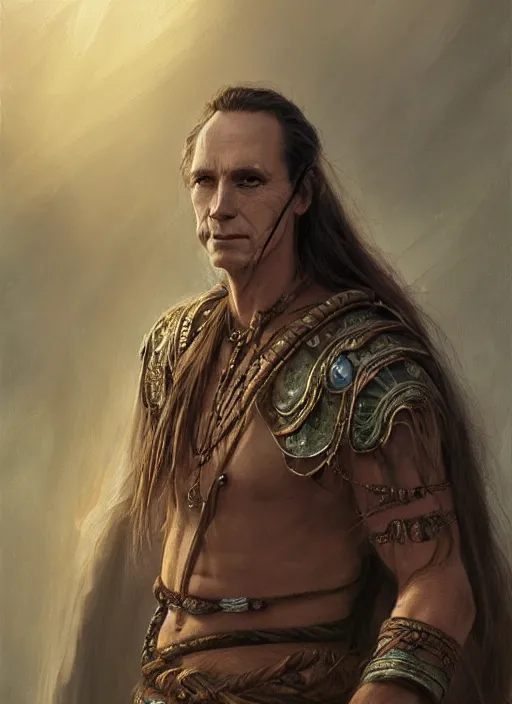 Image similar to a shaman in his late twenties with long light brown hair tied back, a large forehead, a widows peak and a round face with high cheekbones as a realistic d & d fantasy character, portrait art by donato giancola and greg rutkowski, vintage retro, realistic face, digital art, trending on artstation