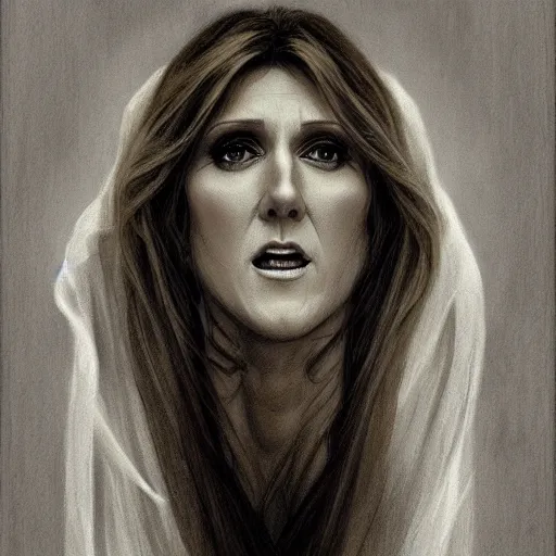 Image similar to beautiful lifelike award winning pencil illustration of celine dion as a scary wraith with her mouth wide open trending on art station artgerm greg rutkowski alphonse mucha museum quality cinematic atmospheric