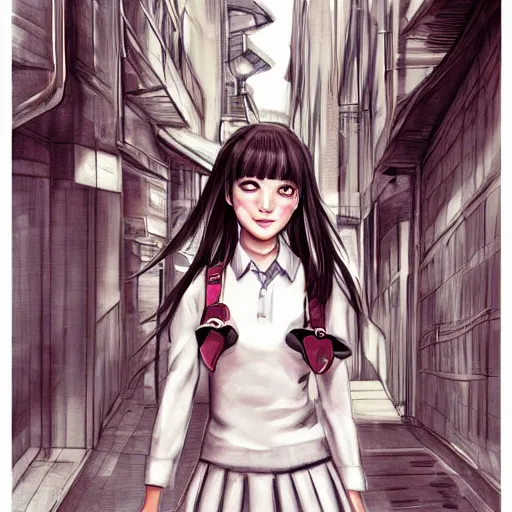 Image similar to a perfect, realistic professional digital sketch of a Japanese schoolgirl posing in a sci-fi alleyway, style of Marvel, full length, by pen and watercolor, fine details, no line, by a professional American senior artist on ArtStation, a high-quality hollywood-style sketch, on high-quality paper