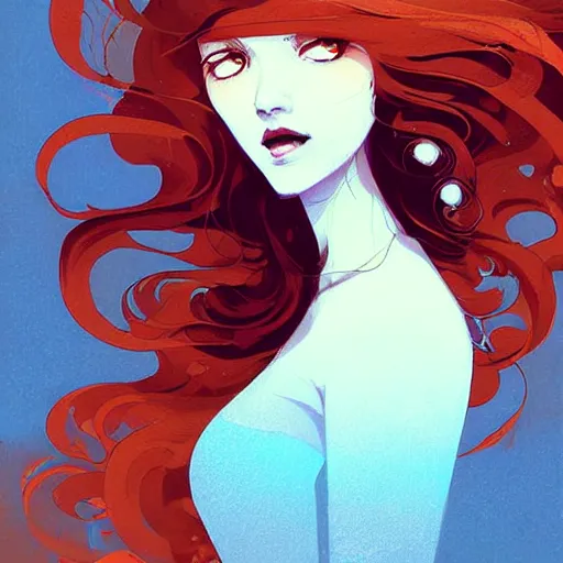 Image similar to beautiful artistic - wave highly detailed portrait female, long red hair, in a music festival, by atey ghailan, by greg rutkowski, by greg tocchini, by james gilleard, by joe fenton, by kaethe butcher, dynamic lighting, gradient light blue, brown, blonde cream and white color scheme, grunge aesthetic