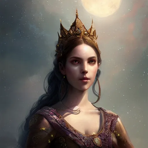 Image similar to a beautiful digital painting of a princess, princess, the moon behind her, intricate, cinematic lighting, highly detailed, digital painting, concept art, smooth, sharp focus, illustration, art by tom bagshaw, artgerm and greg rutkowski 1 0 k