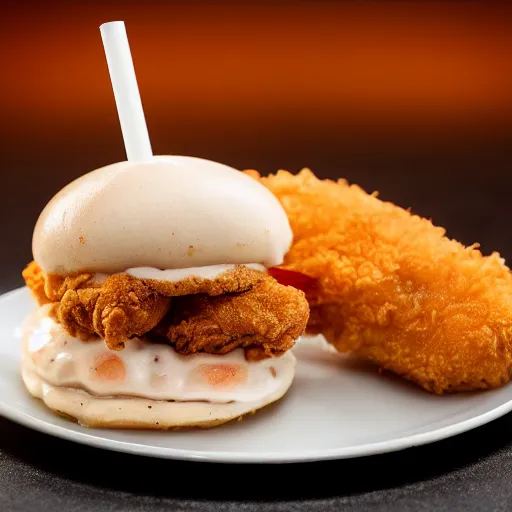 Image similar to a fried chicken milkshake with the kfc logo next to a shrimp wearing a little red dress on a plate, food photography, studio lighting, hyper realistic, sharp focus, hyper - realistic, 8 k resolution