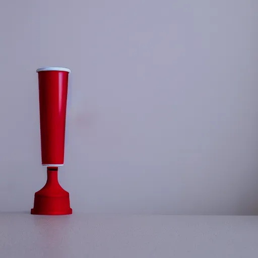 Image similar to an ultra high definition professional studio quality photograph of a red cup on a white plinth in an empty white room, a mobile phone is on top of plinth in the centre of the photograph. three point light.