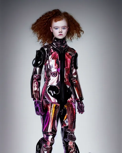 Image similar to full body shot of sadie sink dressed in futuristic cyberpunk clothing, soft diffused light, bjork aesthetic, translucent, by rineke dijkstra and artgerm, intricate details, highly detailed, masterpiece, 8 5 mm