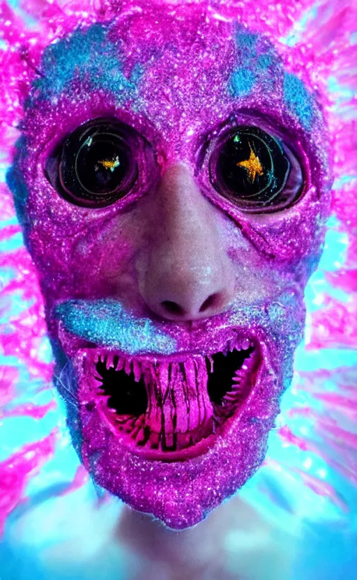 Prompt: face portrait cute saturated pink scary eerie happy ugly creature monster with sparkles and glitter photo 4k