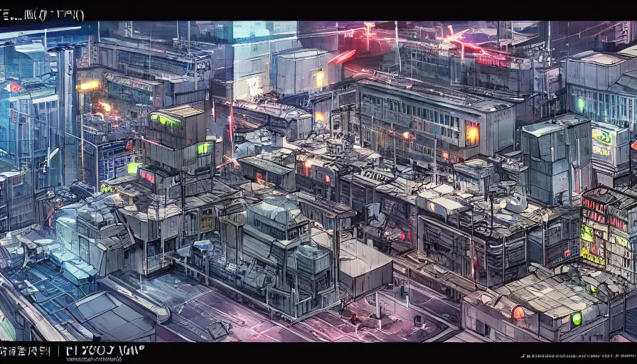 Image similar to Concept Art Illustration of neo-Tokyo Maximum Security Bank, in the Style of Akira, Syndicate Corporation, Anime, Dystopian, Highly Detailed, Helipad, Special Forces Security, Blockchain Vault, Searchlights, Shipping Docks, Shipping Containers of Money :2 Akira Movie style : 8