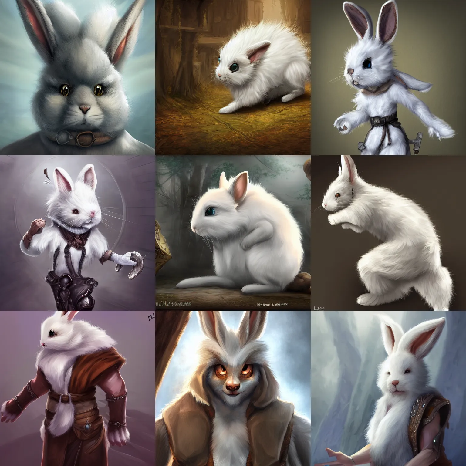 Prompt: lagus the thieving bunny, white fur, quadriped, fantasy setting, realistic artstyle, digital painting, epic, high definition, detailed