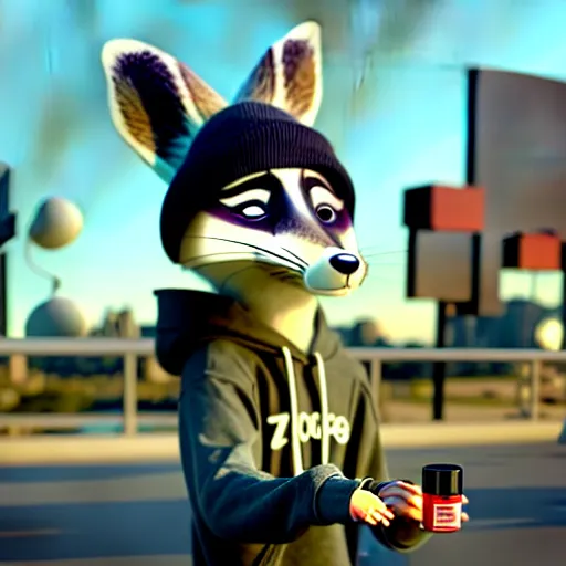 Image similar to a very relaxed stoner with a black hoodie on with a raccoon head from zootopia, wearing beanie, holding a small vape, blowing out smoke, 3 d render, extremely detailed fur, wearing a marijuana t - shirt