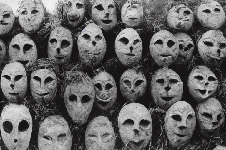 Image similar to vintage photo of villagers wearing weird masks, eerie, bizarre, highly detailed shot, dramatic 8 k uhd