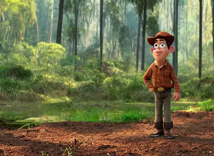 Prompt: a still from a pixar movie, of a kangaroo wearing a brown adventurer hat and explorer clothes, standing in a tropical forest, hd 4 k high detailed