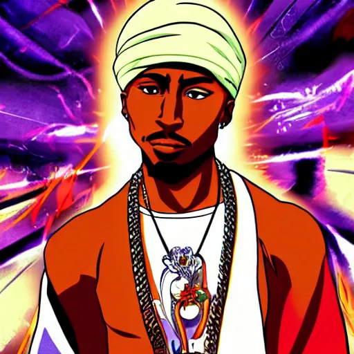 Image similar to Tupac Shakur, screenshot from a 2012s anime