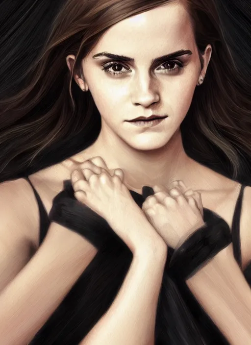 Image similar to emma watson as dark magic celestial, long hair, black and transparent cloth, space, D&D, shiny background, intricate, elegant, highly detailed, digital painting, artstation, concept art, smooth, sharp focus, illustration, artgerm, bouguereau