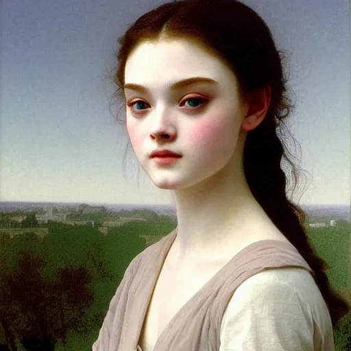 Prompt: A masterpiece head and shoulders portrait of Elle Fanning by William Adolphe Bouguereau and Makoto Shinkai