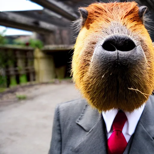 Image similar to an antropomorphic capybara wearing a suit smoking a cigar