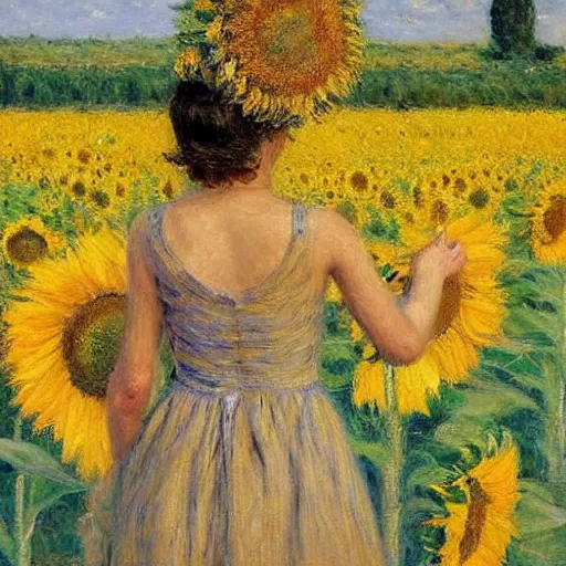 Prompt: a girl in amazing tall sunflower field, her hair flowing down, subtle, intricate details, real masterpiece, impressionist painting, by gustave caillebotte