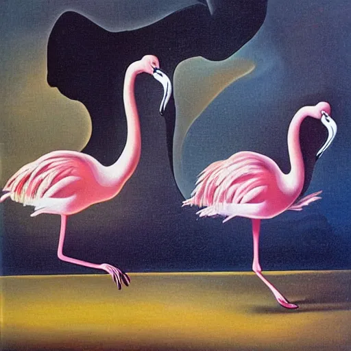 Image similar to Pair of dancing flamingos with a flying egg, oil painting by Salvador Dali.