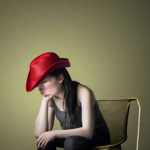 Image similar to a girl wearing a red fedora hat singing in a studio, sitting on a stool, extremely detailed digital painting, in the style of alyssa monks, andrey lekarski and istvan sandorfi, predominant colors are black and yellow, rim light, beautiful lighting, 8 k, raytracing, octane, trending on artstation