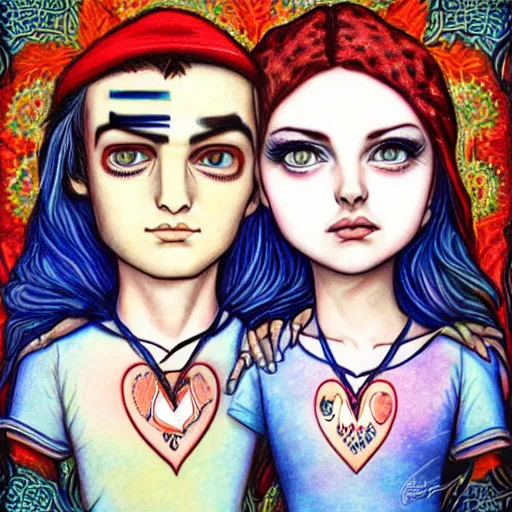 Image similar to perfectly centered symmetrical split male and female portrait of man and woman in love sharing one heart. art by jasmine becket griffith