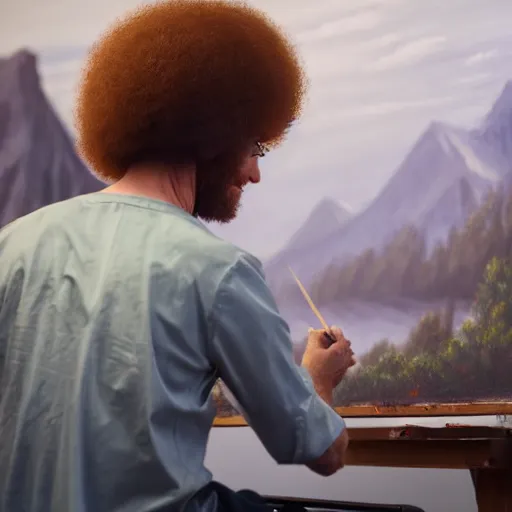 Image similar to a closeup photorealistic photograph of bob ross working on a canvas painting of spiderman. film still. brightly lit scene. mountains and trees. this 4 k hd image is trending on artstation, featured on behance, well - rendered, extra crisp, features intricate detail, epic composition and the style of unreal engine.