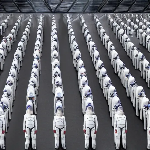 Prompt: a wide shot of a clone army of Jeff Bezos, preparing to board a large rocket. Hyper realistic, photojournalism.