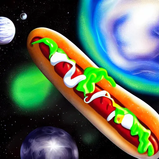 Image similar to a beautiful hotdog in space wearing a tuxedo with colorful bright green eyes, medium shot, hd, 8k, hyper-realism, detailed,