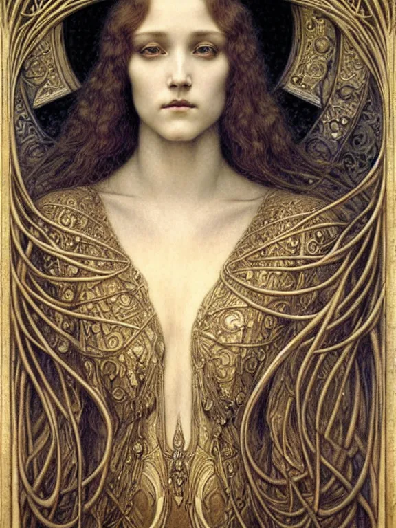 Image similar to detailed realistic beautiful young medieval queen face portrait by jean delville, gustave dore and marco mazzoni, art nouveau, symbolist, visionary, gothic, pre - raphaelite. horizontal symmetry