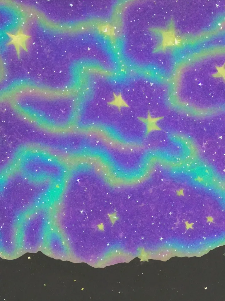 Prompt: purple holographic hill with stars in the sky