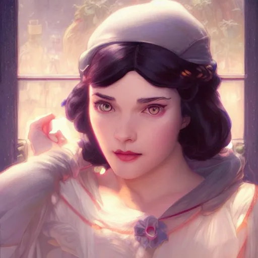 Image similar to portrait of snow white, girl, disney, highly detailed, digital painting, artstation, concept art, smooth, sharp focus, illustration, art by artgerm and greg rutkowski and alphonse mucha