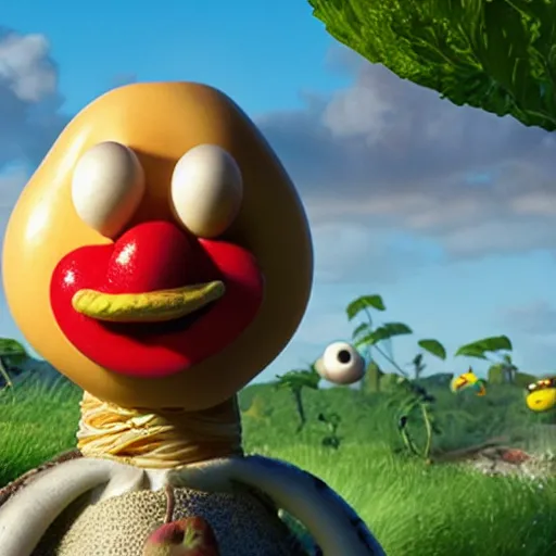 Image similar to giuseppe arcimboldo, mr potato head, fruit monster, unreal engine, new scifi movie