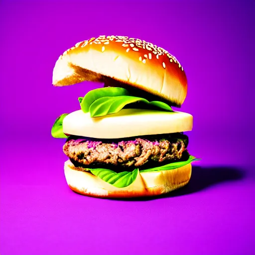 Prompt: a stock photo of a banana burger on a purple background, product photography, f 2. 4, bokeh effect, award winning