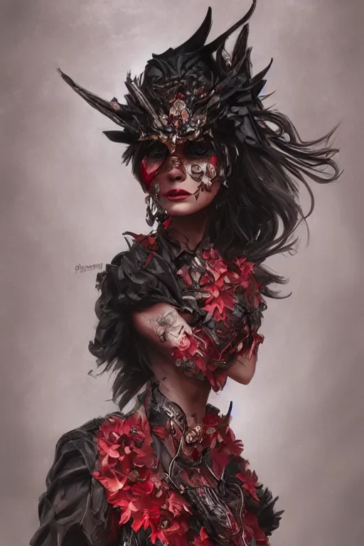 Prompt: fantasy portrait, witch with 4 eyes, black hair, crow helmet, floral dress, intricate detail, photorealistic, elegant, stylish, highly detailed, digital painting, artstation, concept art, smooth, sharp focus, illustration, art by artgerm and greg rutkowski and terese nielsen, red scheme