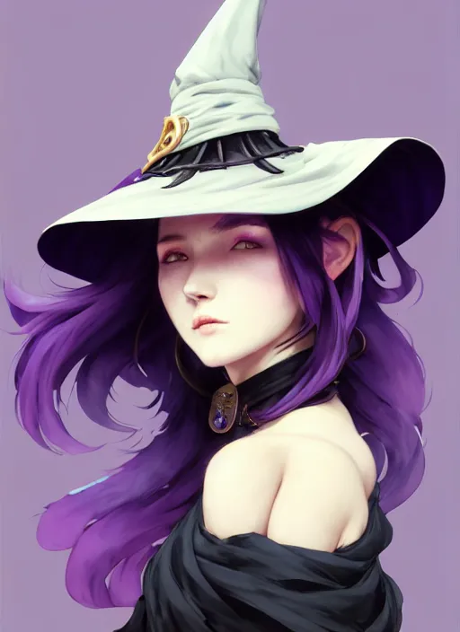 Image similar to side portrait of a rugged girl witch wearing magic school uniform, large wide - brimmed witch hat, cinematic, black to purple fade hair color, elaborate, elegant, masterpiece, illustration, digital painting, concept art, trending on artstation, pixiv, art by ruan jia and hong soonsang and wlop and artgerm and greg rutkowski and alphonse mucha