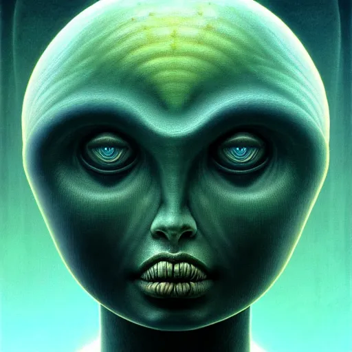 Image similar to female alien, dystopian, artstyle Alex Ries and Zdzisław Beksiński, symmetry accurate features, very intricate details, high resolution, 4k
